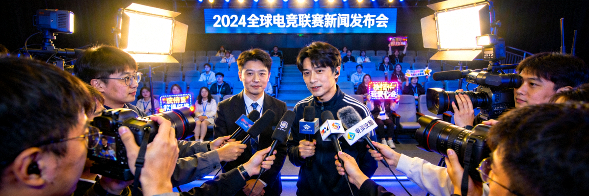 电竞新闻发布会的现场照片，记者和观众聚集